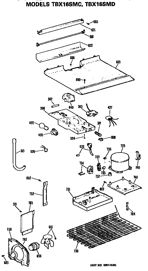 Unit Diagram and Parts List for TBX16SMDRHA  General Electric Refrigerator
