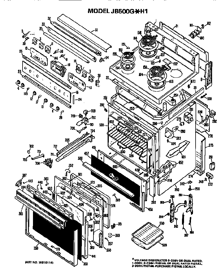 Main Body/cooktop/controls Diagram and Parts List for JB500G*H1  General Electric Range