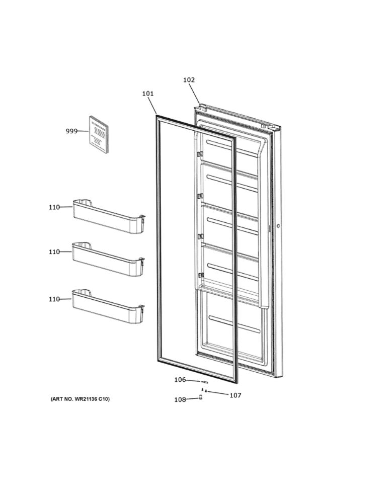 Door Diagram and Parts List for FUF14QRRAWW  General Electric Freezer