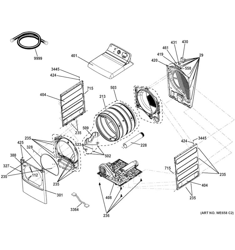 Cabinet Diagram and Parts List for GTD81ESSJ0WS  General Electric Dryer