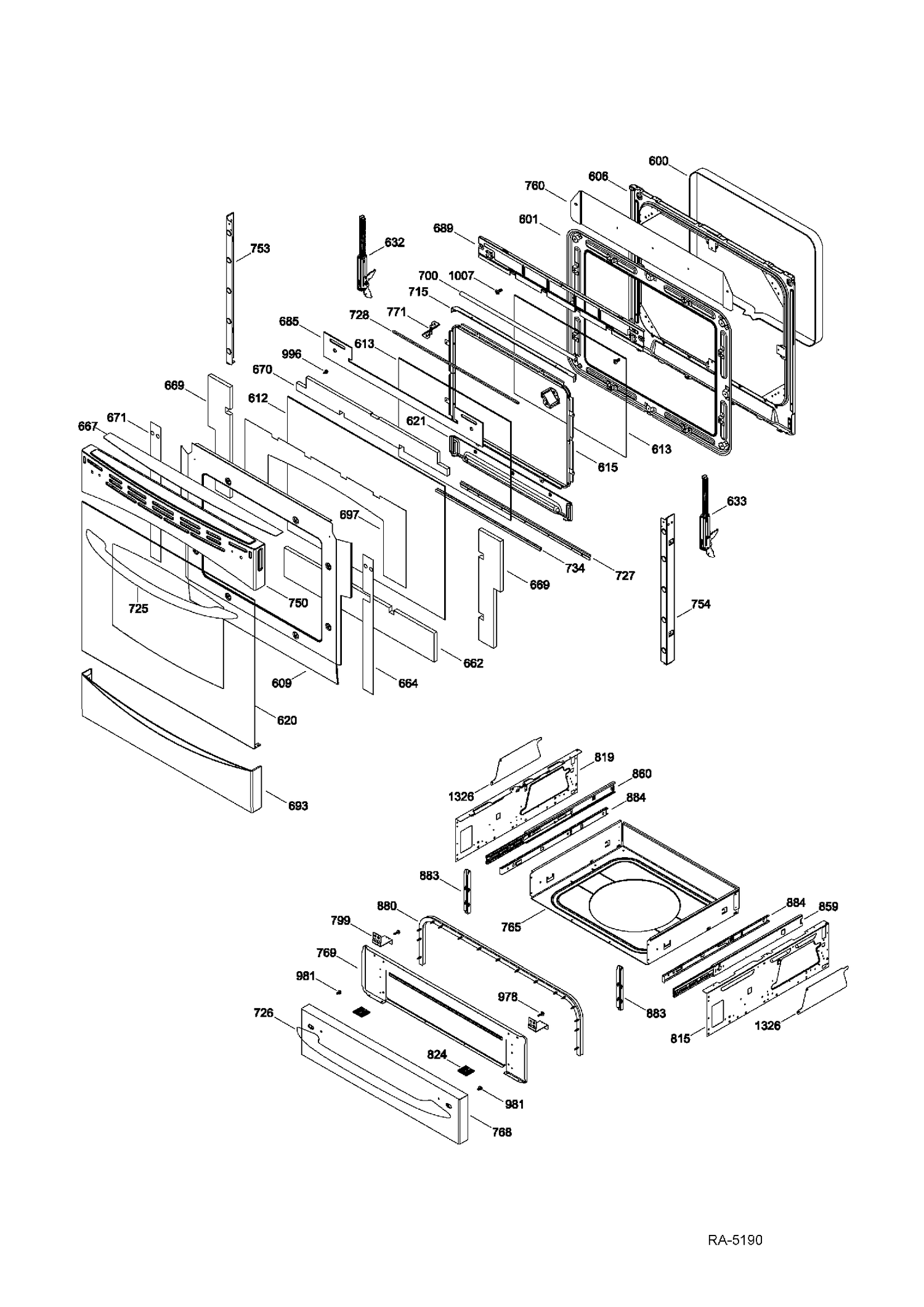 DOOR & DRAWER Diagram and Parts List for PCB900SR4SS  General Electric Range