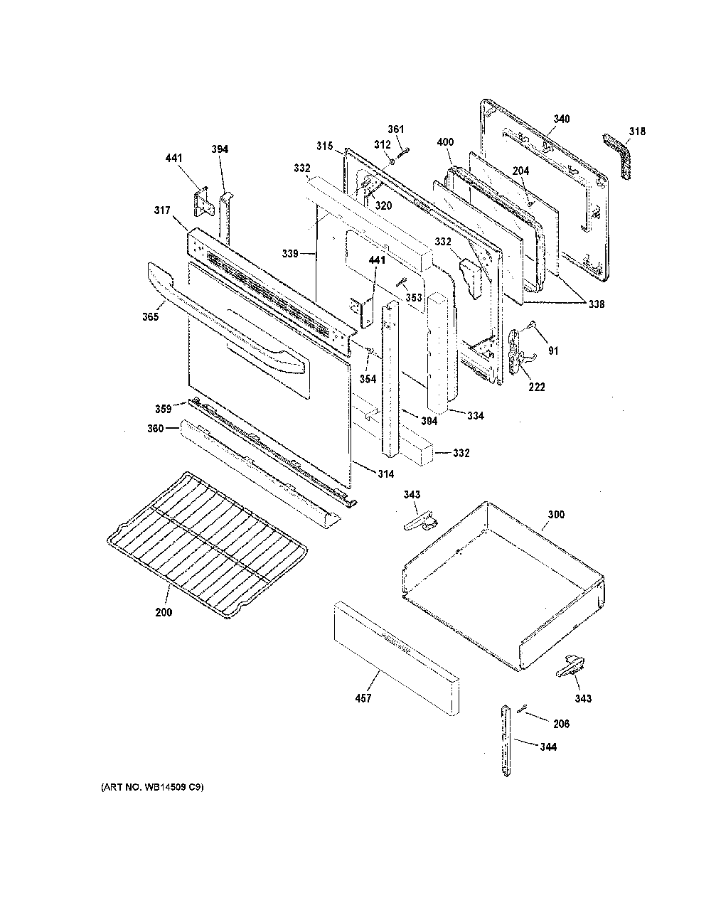 Door & drawer parts Diagram and Parts List for JB256DM2WW  General Electric Range