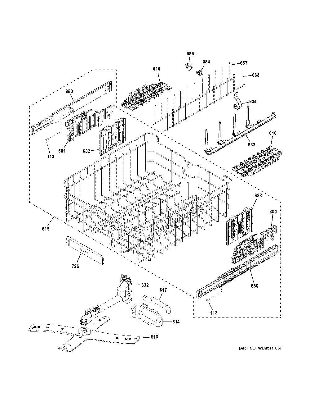 Upper Rack Assembly Diagram and Parts List for CDT805P2N5S1  General Electric Dishwasher