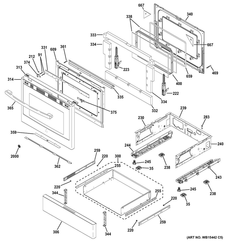 Door & Drawer Parts Diagram and Parts List for PGB911DEJ1WW  General Electric Range