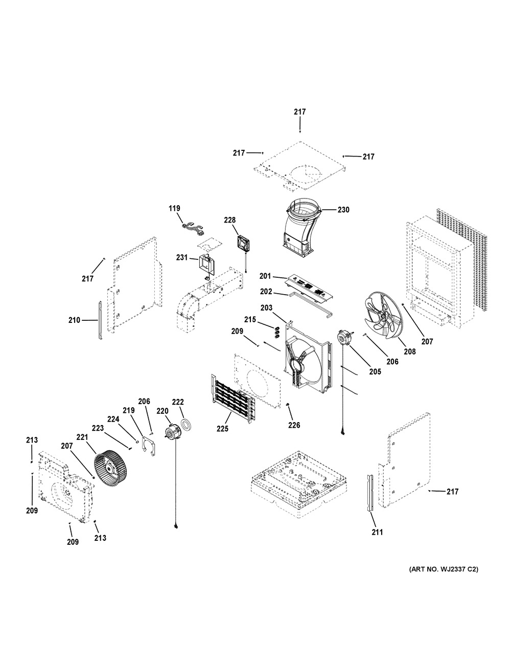 Motor And Chassis Parts Diagram and Parts List for AZ9VH12EBMH1  General Electric Air Conditioner