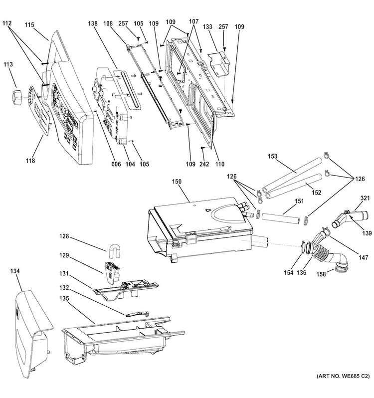 Controls & Dispenser Diagram and Parts List for GFWN1300J1WW  General Electric Washer