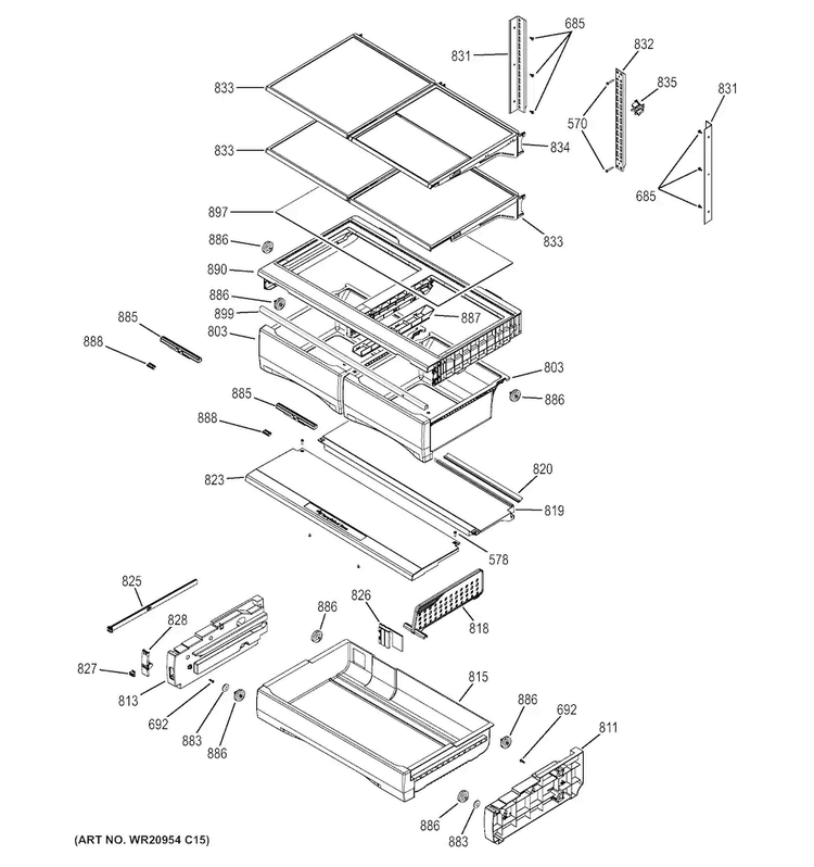 Fresh Food Shelves Diagram and Parts List for PFE27KSDDSS  General Electric Refrigerator