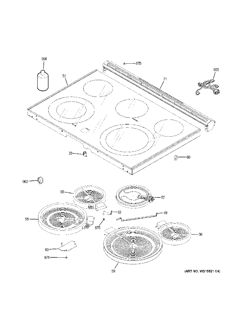 Cooktop Diagram and Parts List for JS760SL5SS  General Electric Range