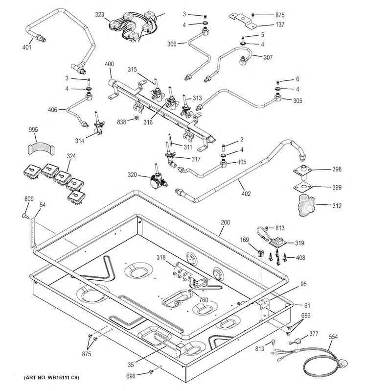 Gas & Burner Parts Diagram and Parts List for PGP976SET5SS  General Electric Cooktop
