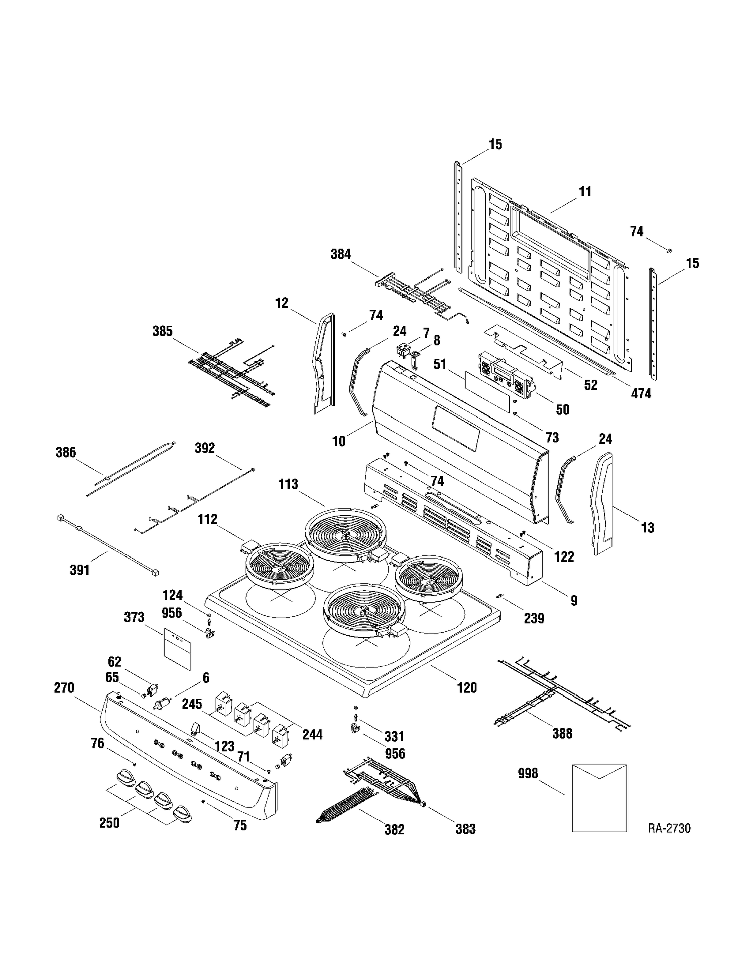 CONTROLS & COOKTOP Diagram and Parts List for JCAP760WM1WW  General Electric Range