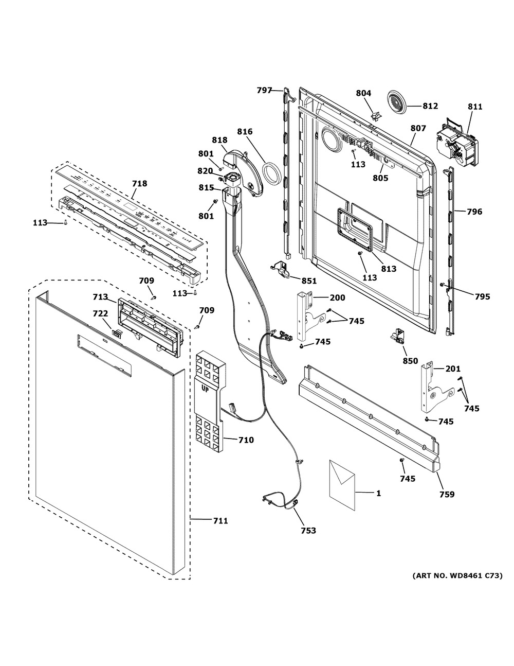 Escutcheon & Door Assembly Diagram and Parts List for CDT805M5N0S5  General Electric Dishwasher