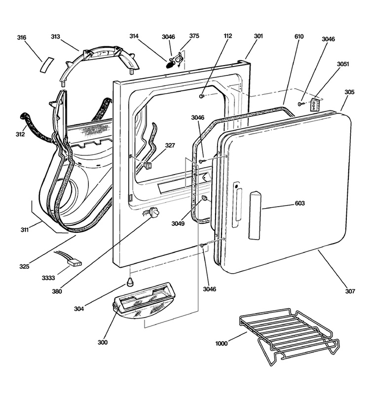 Front Panel & Door Diagram and Parts List for DNSB514GB0WW  General Electric Dryer