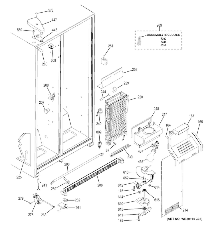 Freezer Section Diagram and Parts List for GSE25ETHBBB  General Electric Refrigerator