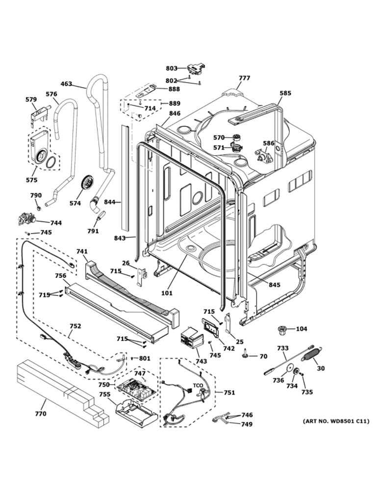 Body Parts 1 Diagram and Parts List for GDT665SGN2WW  General Electric Dishwasher
