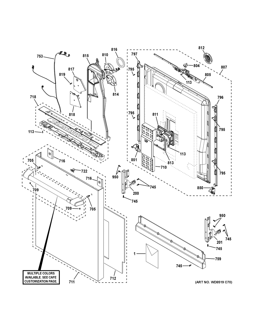 Escutcheon And Door Assembly Diagram and Parts List for CDT858P2V3S1  General Electric Dishwasher