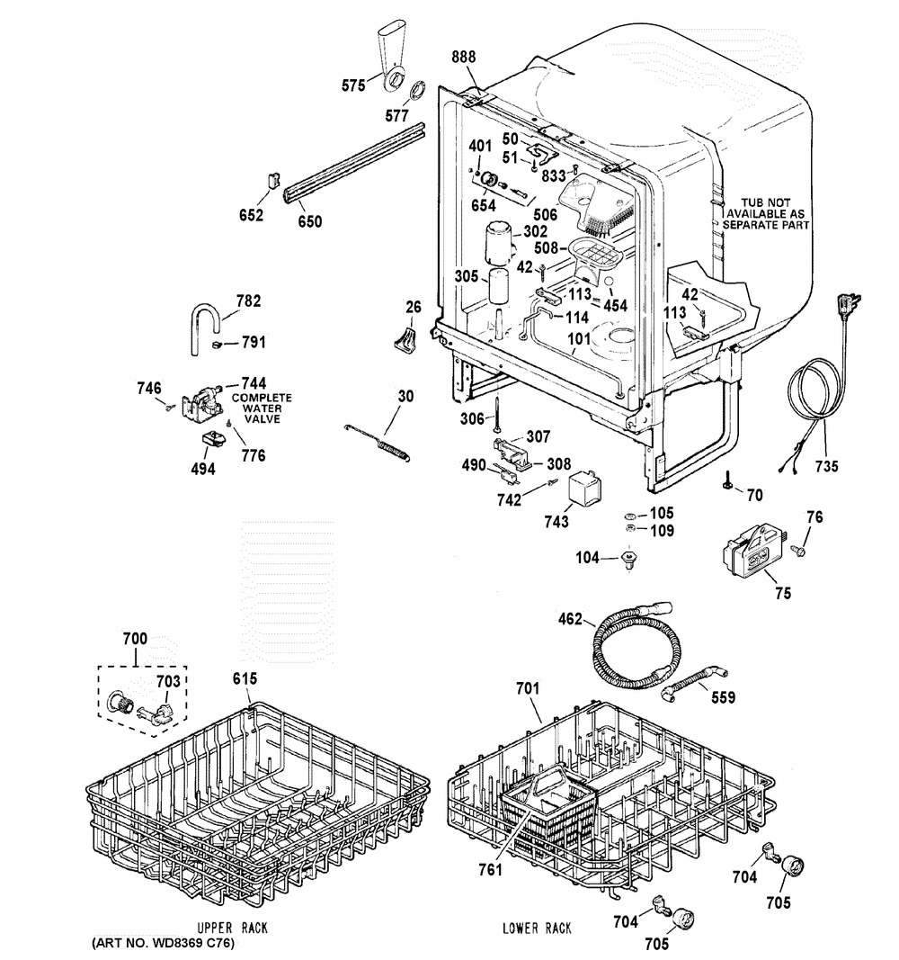 Body Parts Diagram and Parts List for GSD2101V55BB  General Electric Dishwasher