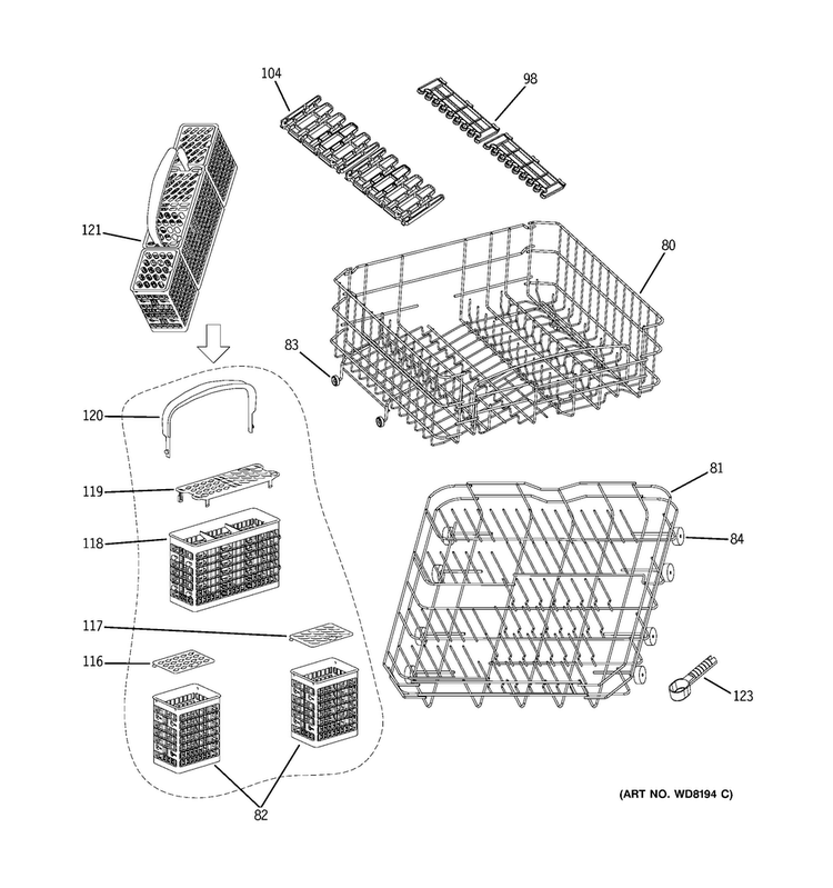 Upper & Lower Rack Assembly Diagram and Parts List for GLDA690M00SS  General Electric Dishwasher
