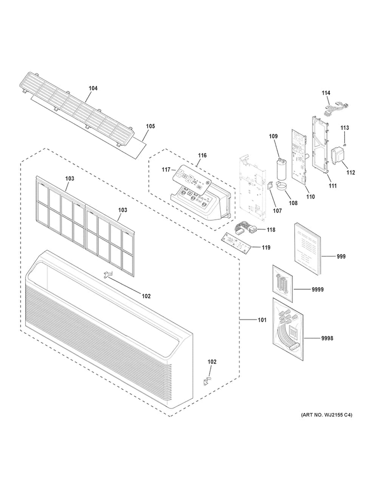Grille & Control Parts Diagram and Parts List for AZ45E09DABW1  General Electric Air Conditioner