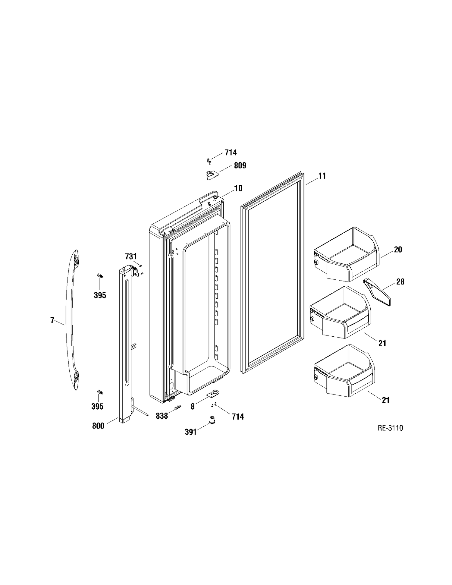 FF DOOR LEFT Diagram and Parts List for PFRS2MBXASS  General Electric Refrigerator