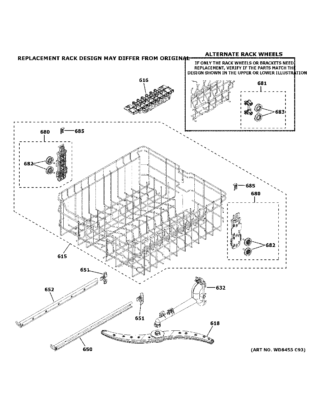 Upper Rack Assembly Diagram and Parts List for GDT535PGR0WW  General Electric Dishwasher
