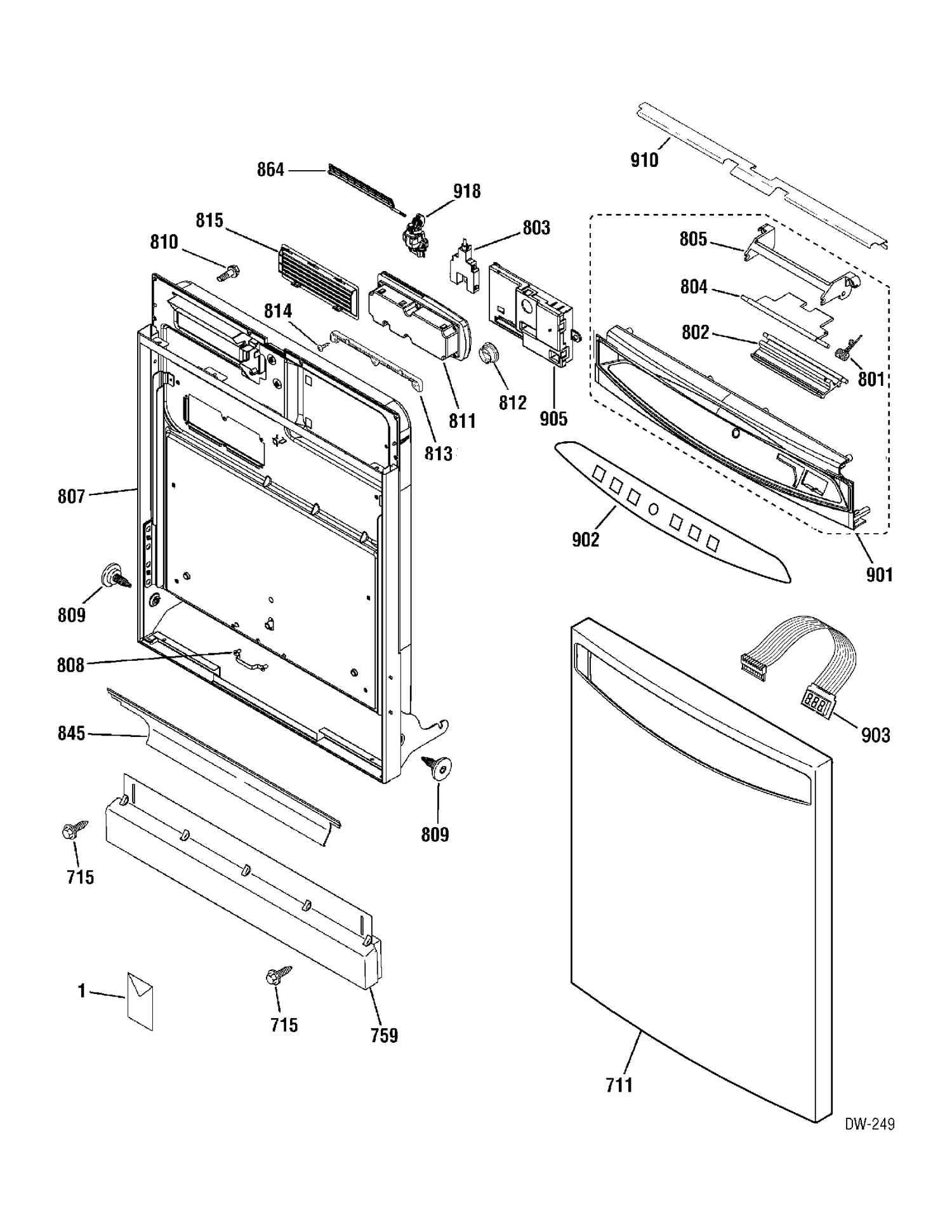 DOOR & ESCUTCHEON Diagram and Parts List for PDW7712J00SS  General Electric Dishwasher