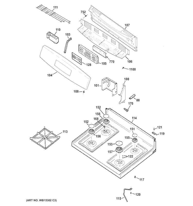 Control Panel & Cooktop Diagram and Parts List for JGB620REF1SS  General Electric Range