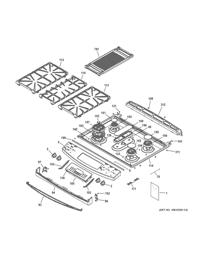 Control Panel & Cooktop Diagram and Parts List for PGS950SEF1SS  General Electric Range
