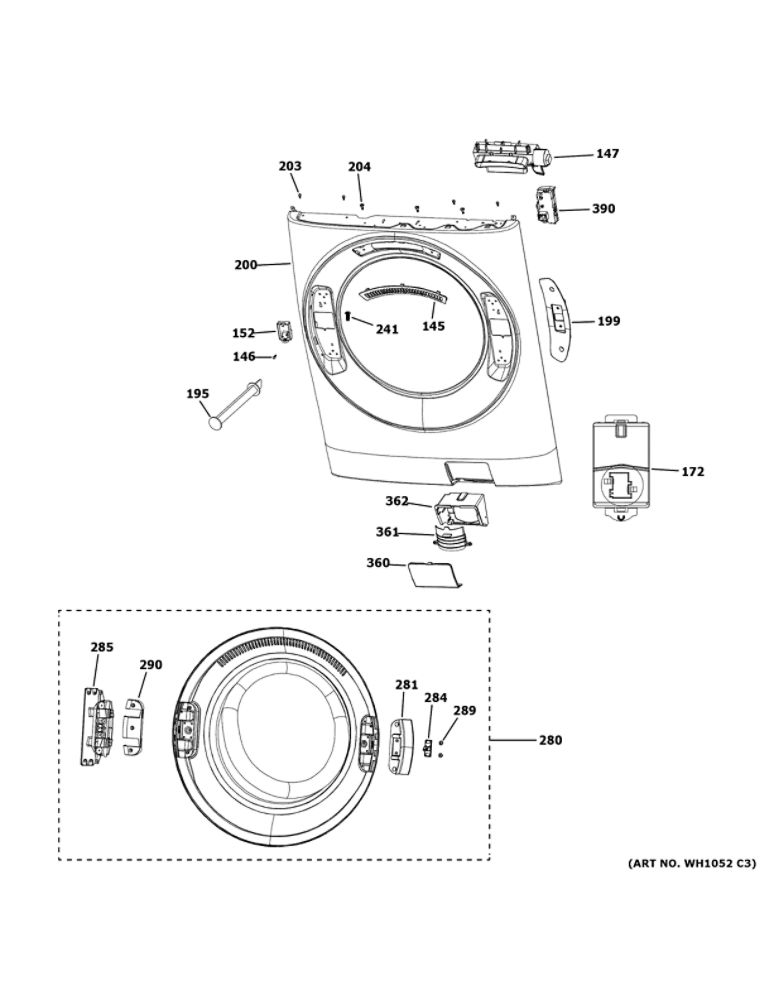 Front Panel And Door 1 Diagram and Parts List for GFW550SPR0RS  General Electric Washer