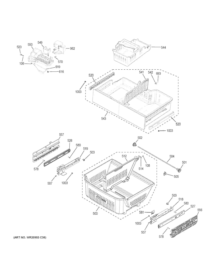 Freezer Shelves Diagram and Parts List for GNE29GGKFWW  General Electric Refrigerator