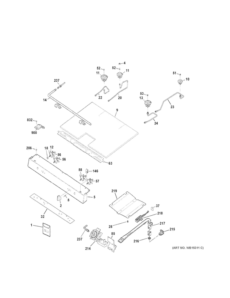 Gas & Burner Parts Diagram and Parts List for JGBS60REF1SS  General Electric Range