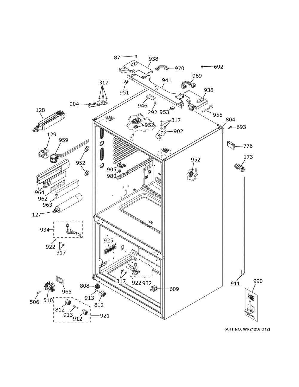 Case Parts Diagram and Parts List for PYE22KBLRTS  General Electric Refrigerator