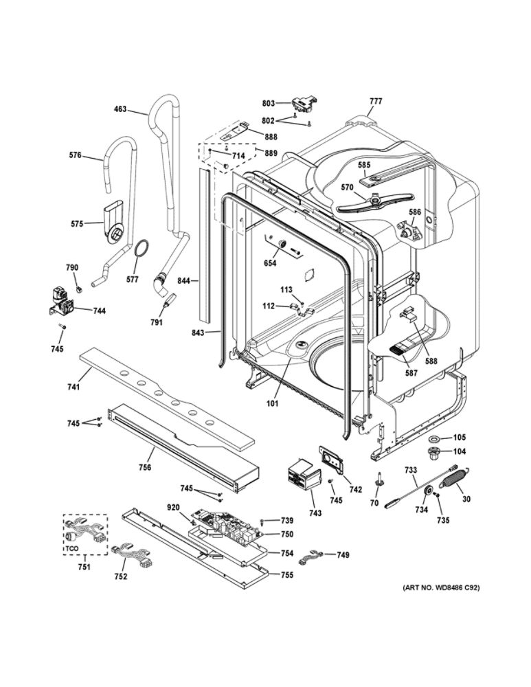 Body Parts Diagram and Parts List for GDT530PGD1WW  General Electric Dishwasher