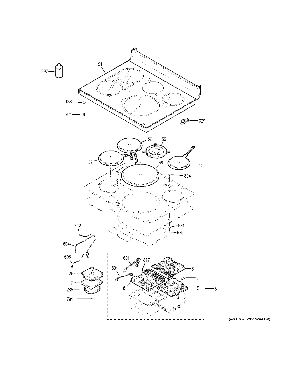 Cooktop Diagram and Parts List for PHB920EJ6ES  General Electric Range