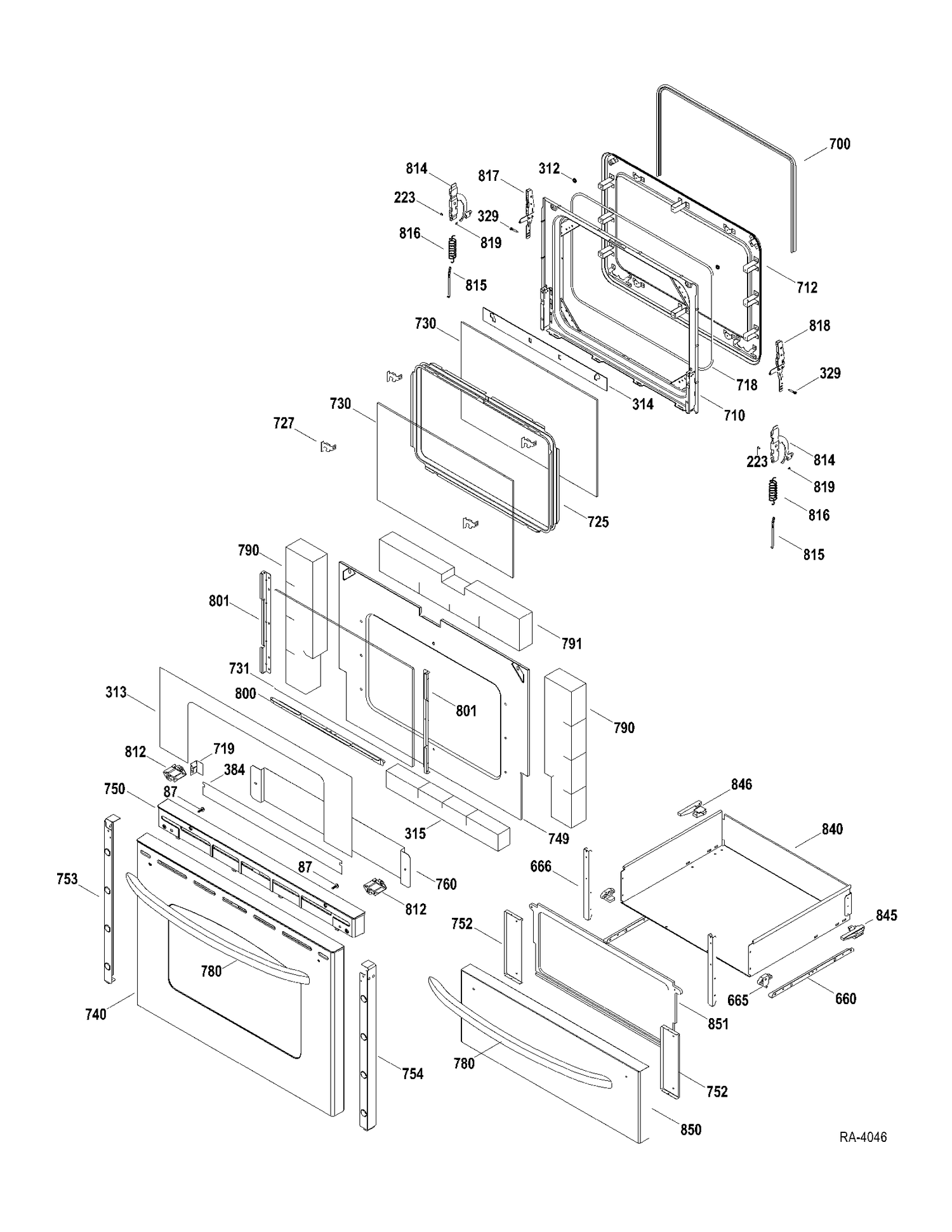 DOOR-DRAWER Diagram and Parts List for JCBP77SP1SS  General Electric Range