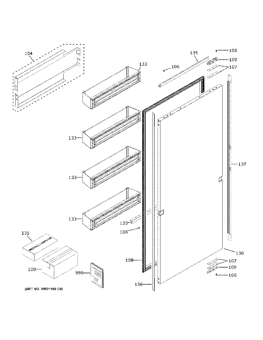 Door Diagram and Parts List for ZIR241NBRAII  General Electric Refrigerator