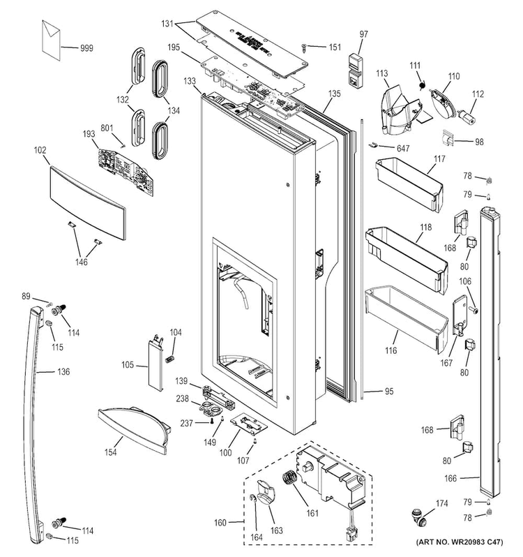 Dispenser Door Diagram and Parts List for DFE28JSHESS  General Electric Refrigerator