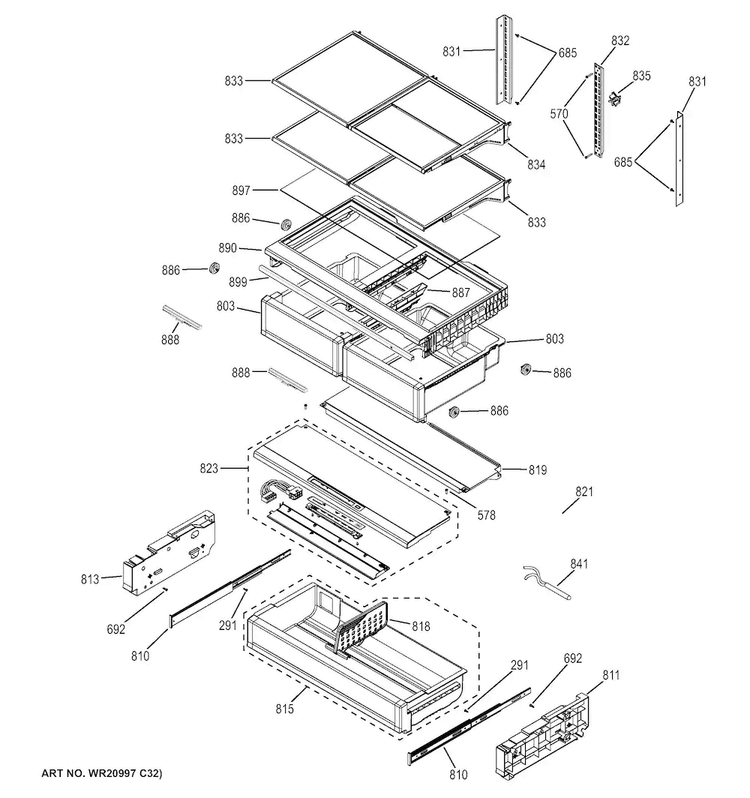 Fresh Food Shelves Diagram and Parts List for CYE22TSHHSS  General Electric Refrigerator