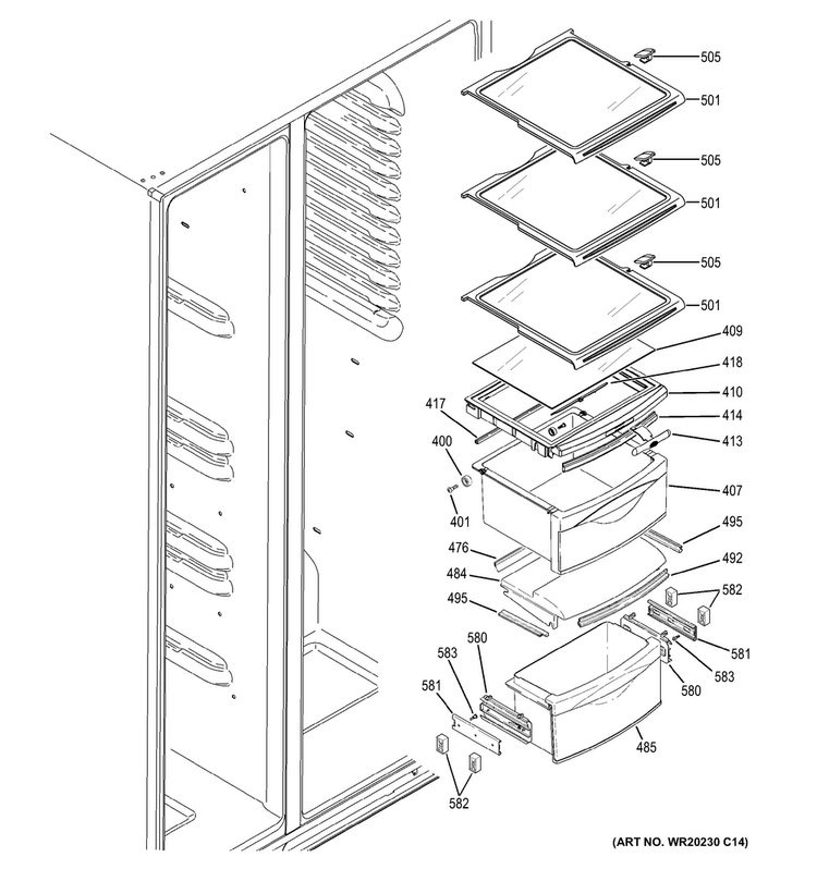 Fresh Food Shelves Diagram and Parts List for GZS22DGJCFWW  General Electric Refrigerator