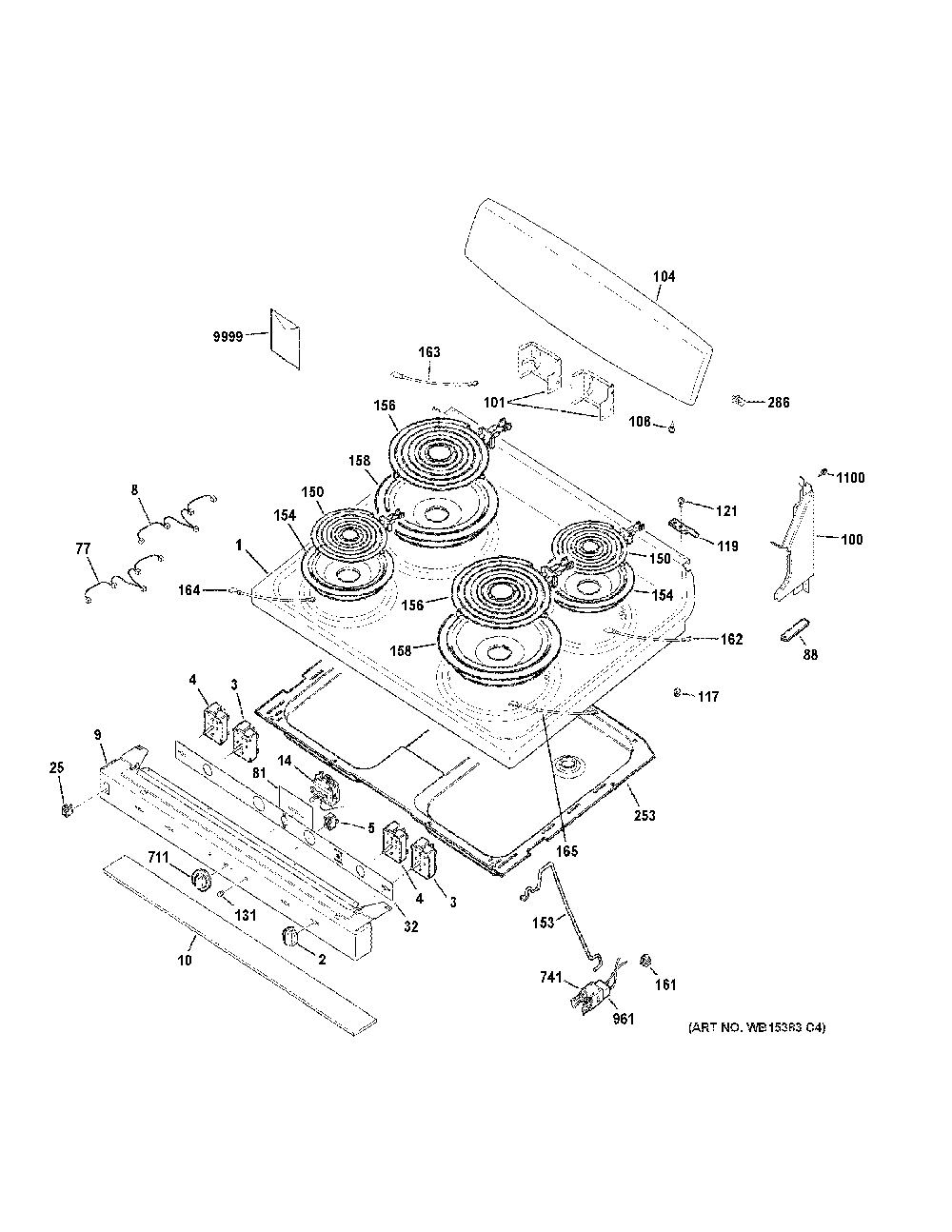 Control panel & cooktop Diagram and Parts List for JBS460DM2WW  General Electric Range