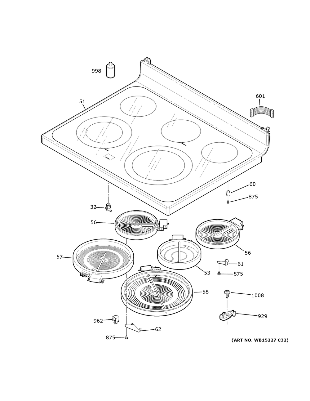 Cooktop Diagram and Parts List for JB655YKCFS  General Electric Range