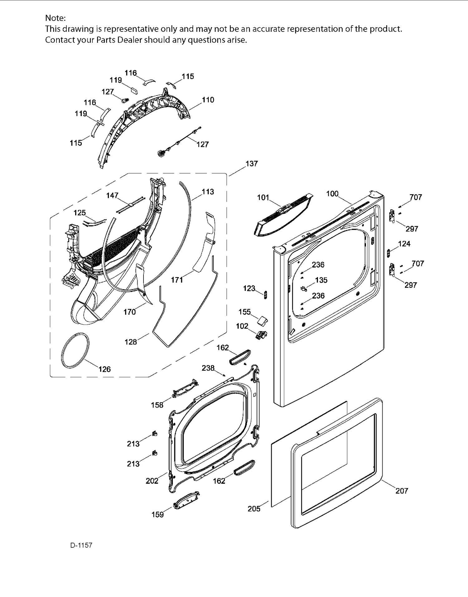 FRONT PANEL & DOOR Diagram and Parts List for GTD65EBMJ0WS  General Electric Dryer