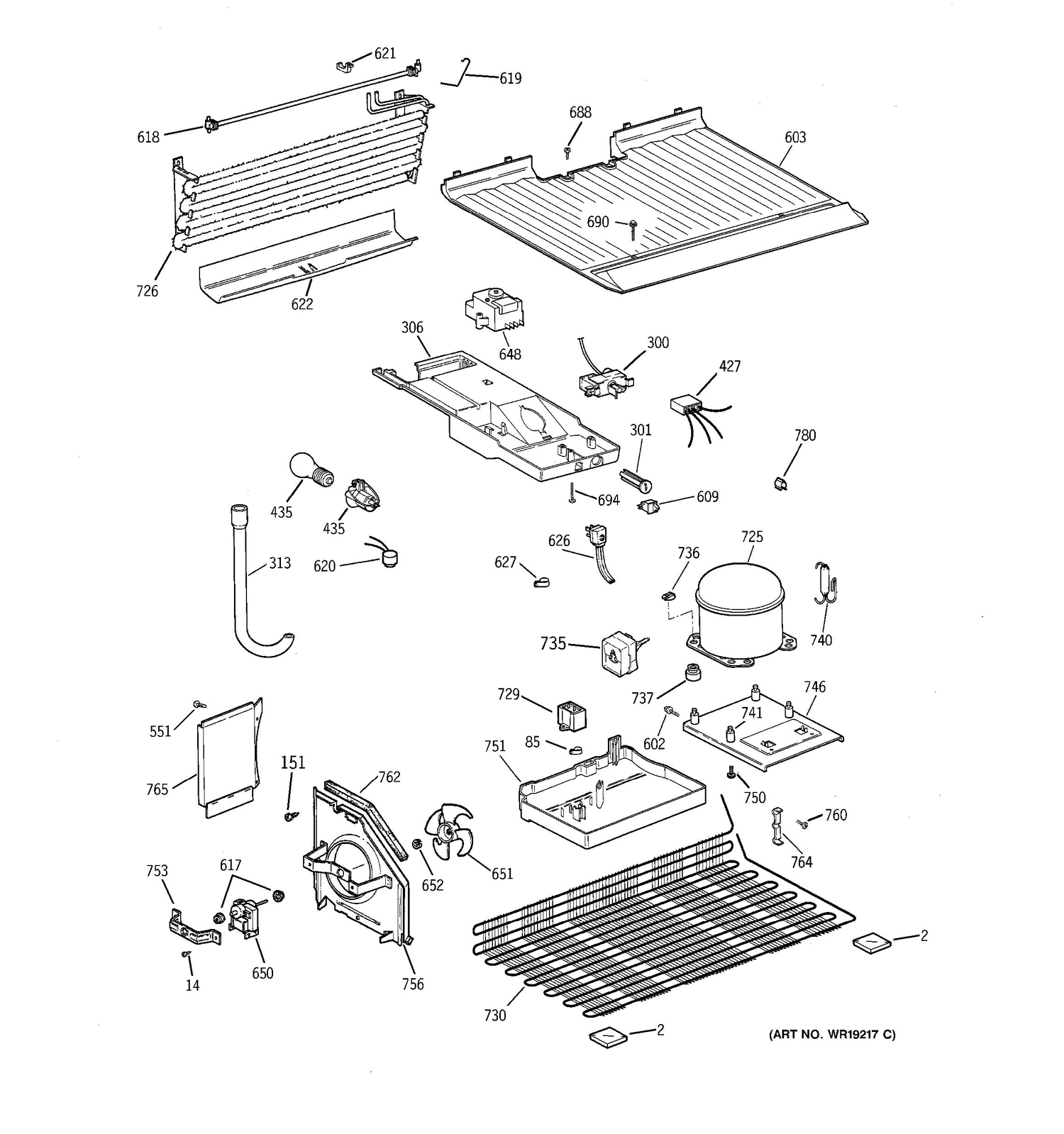 UNIT PARTS Diagram and Parts List for CTS16ABMFRWW  General Electric Refrigerator