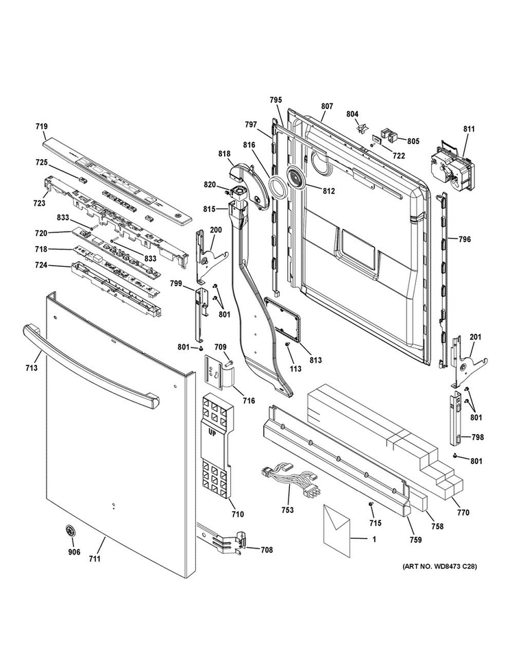 Escutcheon & Door Assembly Diagram and Parts List for GDT680SGH4BB  General Electric Dishwasher