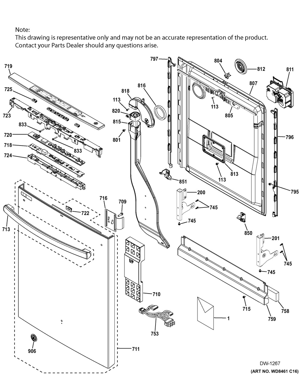 Escutcheon And Door Asm Diagram and Parts List for GTMS570ED5WW  General Electric Dishwasher