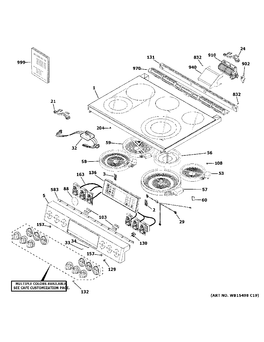 Gas And Burner Parts Diagram and Parts List for CES700P4M2W2  General Electric Range