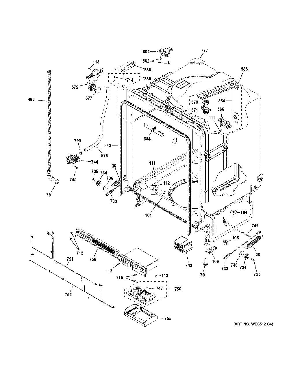 Body Parts Diagram and Parts List for GDT550PGR0WW  General Electric Dishwasher