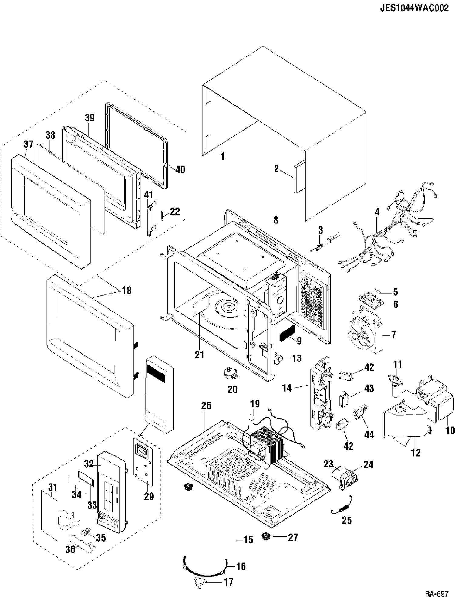 CASE, DOOR & CONTROLS Diagram and Parts List for JES1044WAC002  General Electric Microwave