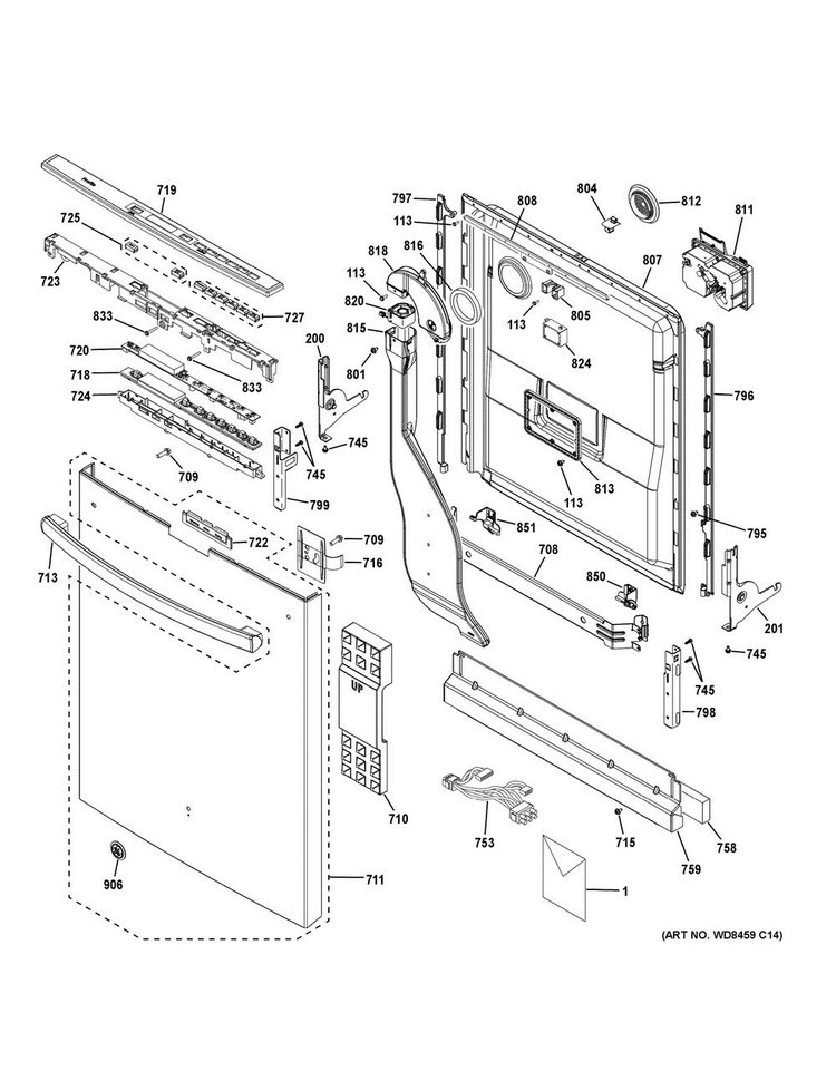 Escutcheon & Door Assembly Diagram and Parts List for PDT750SSF4SS  General Electric Dishwasher