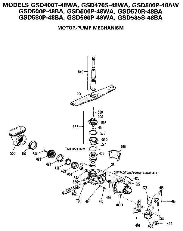 Motor-pump Mechanism Diagram and Parts List for GSD580P-48WA  General Electric Dishwasher