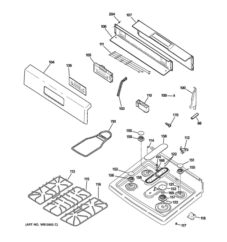 Control Panel And Cooktop Diagram and Parts List for JGBS80WEL2WW  General Electric Range